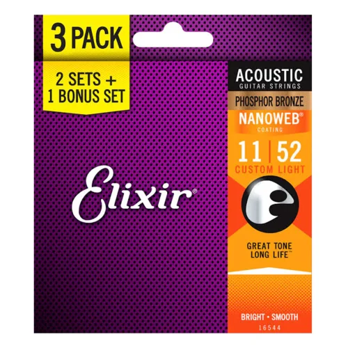 Elixir16544 Nanoweb Acoustic Guitar Strings -.011-.052 3-pack