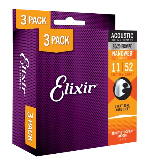 Elixir 16538 Nanoweb 80/20 Bronze Acoustic 11-52 3-Pack