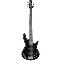 The Ibanez GSR205 GIO Series 5-String Electric Bass Guitar (Black) features a GSR5 maple bolt-on neck, a poplar body, and a black finish.