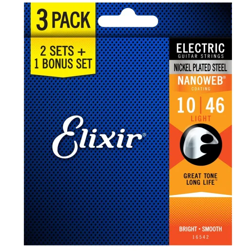 Elixir 16542 Electric Nickel Plated Steel Nanoweb 0.10-0.46 3-Pack