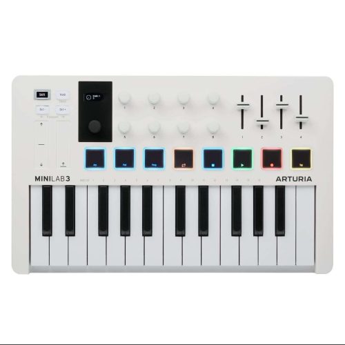 The Arturia MiniLab MK3 25 Slim-key Controller continues the 25-key arrangement, boasting a slender profile and weighing just over three pounds.