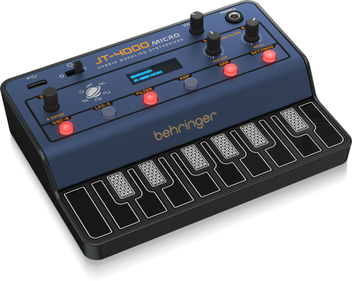 The Behringer JT-4000 Micro Hybrid Modelling Synthesizer has a 16-note capacitive touch keyboard, 12-bit DAC, and dedicated headphone port.