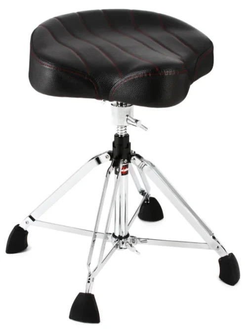 The Gibraltar 9908 Drum Throne gives you supreme comfort at your kit. Featuring a sturdy 4-post base, you can feel secure atop your perch as you keep time with your band or track drums in the studio. For those marathon playing sessions, the 9908 Drum Throne offers you an oversized, 17" motorcycle-style seat with contoured lower lumbar support. Why should you be uncomfortable while sitting behind your drum set? If you're looking to add some comfort to your kit, turn to the Gibraltar 9908 Drum Throne.