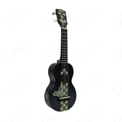 The Mahalo Batik Soprano Ukulele Transparent Black is equipped with nickel frets, Aquila Super Nylgut strings and Graph Tech NuBone XB bridge saddles.